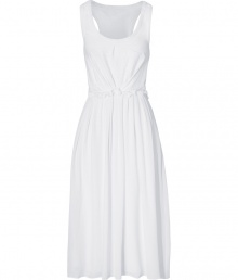 This great maxi-dress of white silk-linen mix is the perfect dress for breezy, summer style - Sleeveless with round neck and racerback, chest patch pocket, and ruffled, gathered waist - Wide skirt lies under decorative folds for textural interest in design - Pair with peep toe heels for garden parties, or with flat sandals for an al fresco lunch date