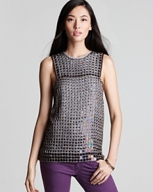 Flaunt shimmer and shine in this paillette and bead-embellished French Connection top, perfect for day or night with your favorite skinny jeans. Flaunt shimmer and shine in this paillette and bead-embellished French Connection top, perfect for day or night with your favorite skinny jeans.