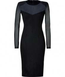 Exquisitely glamorous and equally chic, Donna Karans mesh detailed cocktail dress is contemporary choice for seductive evening looks - Rounded neckline, long mesh sleeves, mesh front yolk, contrast black trim around neckline and shoulders, contoured seaming, hidden back zip - Form-fitting, knee-length - Team with sparkly fine jewelry and flawless statement heels Exquisitely glamorous and equally chic, Donna Karans mesh detailed cocktail dress is contemporary choice for seductive evening looks - Rounded neckline, long mesh sleeves, mesh front yolk, contrast black trim around neckline and shoulders, contoured seaming, hidden back zip - Form-fitting, knee-length - Team with sparkly fine jewelry and flawless statement heels