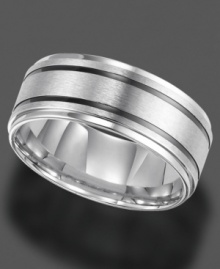 Keep your style on track by showing your true stripes. Edgy design meets with a comfortable fit in Triton's versatile ring. Crafted in stainless steel with black resin stripe details. Approximate band width: 9 mm. Sizes 8-15. Keep your style on track by showing your true stripes. Edgy design meets with a comfortable fit in Triton's versatile ring. Crafted in stainless steel with black resin stripe details. Approximate band width: 9 mm. Sizes 8-15.