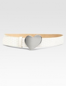 This charming style boasts basket-weave embossed goatskin leather with a heart-shaped metal, logo embossed buckle. Width, about 1½Imported This charming style boasts basket-weave embossed goatskin leather with a heart-shaped metal, logo embossed buckle. Width, about 1½Imported