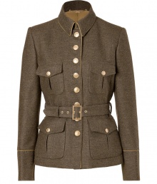 Finish your look on an elegant note with Salvatore Ferragamos belted wool jacket, styled with utilitarian-chic details for a contemporary update to this timeless classic silhouette - Softly pointed collar, long sleeves, camel piped buttoned cuffs, button-down front, gold-toned logo buttons, flapped patch pockets, belted waistline, side belt loops - Tailored at the waist with an adjustable belt - Team with casual chic separates and flawless brown leather accessories Finish your look on an elegant note with Salvatore Ferragamos belted wool jacket, styled with utilitarian-chic details for a contemporary update to this timeless classic silhouette - Softly pointed collar, long sleeves, camel piped buttoned cuffs, button-down front, gold-toned logo buttons, flapped patch pockets, belted waistline, side belt loops - Tailored at the waist with an adjustable belt - Team with casual chic separates and flawless brown leather accessories