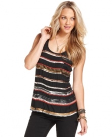 Shine on in this DKNY Jeans embellished tank top. Featuring sparkling sequins and beads, it channels a vintage bohemian vibe that always looks chic. Shine on in this DKNY Jeans embellished tank top. Featuring sparkling sequins and beads, it channels a vintage bohemian vibe that always looks chic.