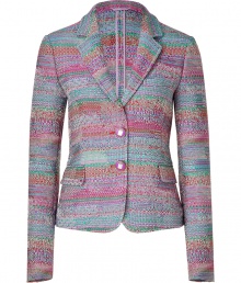 Vibrant fuchsia and teal multicolor short coat - Bring a colorful pop to any ensemble with this luxe blazer - Notched lapel, two-button front closure, flap pockets, multicolor pattern - Style with a tie-neck blouse, flared jeans, and platform boots