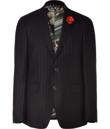 Channel classic dandy style in this sophisticated striped blazer from Etro - Notched lapels, two-button closure, single chest pocket, flap pockets at waist, decorative flower pin at collar, all-over stripe print, printed lining - Pair with slim trousers or jeans, a button down, and brogues