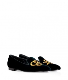 Give your daytime looks an infusion of rich color with Ralph Lauren Collections ultra sleek slipper-style loafers, a timeless classic take on this must-have silhouette - Almond toe, gold-toned serpent embroidery, tonal grosgrain trim - Slips on - Wear with everything from cashmere pullovers and jeans to tailored wool skirts and silk blouses