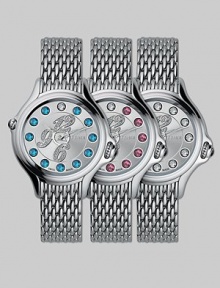 Dazzling topaz stones surround diamond-encrusted numerals on this classic, stainless steel design, featuring a unique rolling gemstone mechanism that changes the semiprecious markers for three different looks, with a single stationary diamond at 12.Swiss quartz movement Water resistant to 3 ATM Round stainless steel case, 38mm, (1.49) Silver dial Topaz and single diamond markers, 2.9 tcw Arabic numeral hour markers Bracelet strap Made in Switzerland