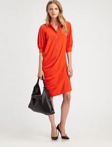 Ultra-light silk shirtdress has three-quarter bishop sleeves, flattering asymmetrical draping and a hint of stretch. Button frontThree-quarter bishop sleevesButtoned cuffsAbout 31 from natural waist94% silk/6% spandexDry cleanImportedModel shown is 5'10 (177cm) wearing US size 2.