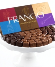 Variety truly is the spice of life! You'll find five of Frango's most popular flavors all in one box - rich, creamy and beautifully presented. Choose your favorite - caramel, cherry, toffee crunch, raspberry or double chocolate - before they're all gone. Since 1918, Frango has been cooking up batches of savory, melt-in-your-mouth chocolate. This one-pound, 45-piece box features the very best. Variety truly is the spice of life! You'll find five of Frango's most popular flavors all in one box - rich, creamy and beautifully presented. Choose your favorite - caramel, cherry, toffee crunch, raspberry or double chocolate - before they're all gone. Since 1918, Frango has been cooking up batches of savory, melt-in-your-mouth chocolate. This one-pound, 45-piece box features the very best.