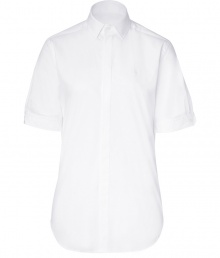 This chic tailored blouse from Polo Ralph Lauren is the perfect addition to your work wardrobe - Slim fit, small spread collar, short sleeves, concealed front button placket, rounded hem - Pair with slim cut trousers, a modern blazer, and classic pumps