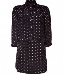 Channel retro-chic style in this ultra feminine printed silk shirt dress from Juicy Couture - Small spread collar, front button half placket, long sleeves with gathering at cuffs, shirring at shoulders, relaxed silhouette, semi-sheer, solid underlay, all-over print - Wear with an oversized cardigan and platform ankle Channel retro-chic style in this ultra feminine printed silk shirt dress from Juicy Couture - Small spread collar, front button half placket, long sleeves with gathering at cuffs, shirring at shoulders, relaxed silhouette, semi-sheer, solid underlay, all-over print - Wear with an oversized cardigan and platform ankle