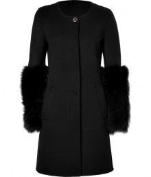 Ultra-elegant coat in high-quality wool and cashmere blend - Features fox fur sleeves for an added element of luxury - Slim, tailored silhouette is slightly flared - Features round neck, hidden button placket, side pockets and back half-belt - Pair with cocktail dresses at your next special event Ultra-elegant coat in high-quality wool and cashmere blend - Features fox fur sleeves for an added element of luxury - Slim, tailored silhouette is slightly flared - Features round neck, hidden button placket, side pockets and back half-belt - Pair with cocktail dresses at your next special event