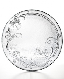 Ready for celebration, the Merry Christmas platter from Bormioli Rocco features embossed ornaments and other festive garland in luminous, dappled glass. Ready for celebration, the Merry Christmas platter from Bormioli Rocco features embossed ornaments and other festive garland in luminous, dappled glass.