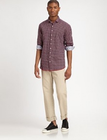 A perfect combination of a five-pocket favorite and a classic chino shaped in a straight-fitting, cotton and linen blend silhouette.Zip flyFlat-front styleSide slash, back welt pocketsInseam, about 3474% cotton/26% linenMachine washMade in USA A perfect combination of a five-pocket favorite and a classic chino shaped in a straight-fitting, cotton and linen blend silhouette.Zip flyFlat-front styleSide slash, back welt pocketsInseam, about 3474% cotton/26% linenMachine washMade in USA