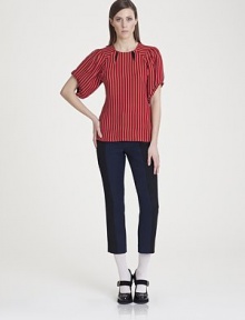 Sculptural puffed sleeves and small wool insets at the neckline elevate this artfully tailored style.Jewel necklineShort puffed sleevesWool insetsBack zip51% acetate/49% viscoseDry cleanMade in Italy of imported fabricModel shown is 5'11 (180cm) wearing US size 4. 