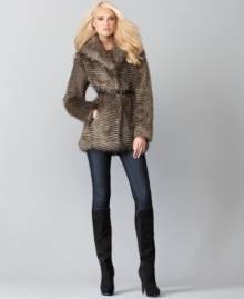 Add a little rock and roll to your look with this faux fur coat from Buffalo Jeans! A belted waist balances the fluffy fabric and oversized shawl collar - pair it with skinny jeans for instant edge. Add a little rock and roll to your look with this faux fur coat from Buffalo Jeans! A belted waist balances the fluffy fabric and oversized shawl collar - pair it with skinny jeans for instant edge.