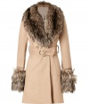Inject a dramatic edge into your outerwear collection with Rachel Zoes glamorous faux-fur trimmed coat - Faux-fur draped stole attached with a button at nape, oversized notched lapel underneath, buttoned epaulettes, faux fur removable oversized cuffs, double-breasted buttoned front, side slit pockets, belted waistline, kick pleat - Sharply tailored fit - Team with tees, slim fit trousers and chic ankle boots