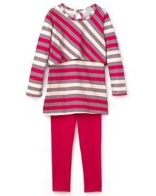 With bright stripes and a mod draped panel at the top, this Splendid tunic and leggings set put a fun, flouncy step in the season. With bright stripes and a mod draped panel at the top, this Splendid tunic and leggings set put a fun, flouncy step in the season.