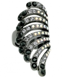 Add breezy style with this GUESS fan-shaped ring. Embellished with black diamond crystals, jet stones and clear crystal accents. Crafted in hematite tone mixed metal. Size 7. Add breezy style with this GUESS fan-shaped ring. Embellished with black diamond crystals, jet stones and clear crystal accents. Crafted in hematite tone mixed metal. Size 7.