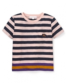 From the back yard to Barbados, the weathered nautical stripes with colorful accents near the hem make the Mini Stephens tee a summer style essential. From the back yard to Barbados, the weathered nautical stripes with colorful accents near the hem make the Mini Stephens tee a summer style essential.