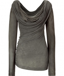 Luxurious top in fine silver-grey rayon - Wonderfully soft and flattering with a slight luster - Slim, feminine cut with glamorous draped waterfall neckline - Cut nice and long - A dream top for classy parties and events - With leather pants, a mini skirt, evening trousers Luxurious top in fine silver-grey rayon - Wonderfully soft and flattering with a slight luster - Slim, feminine cut with glamorous draped waterfall neckline - Cut nice and long - A dream top for classy parties and events - With leather pants, a mini skirt, evening trousers