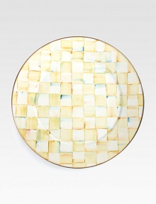 Add a sunny dash of style to any occasion with this elegant platter, hand-painted with soft-hued checks and finished with an opulent bronzed rim.From the Parchment Check collectionBronzed stainless steel rimEnameled steel16 diam.Hand washImported Add a sunny dash of style to any occasion with this elegant platter, hand-painted with soft-hued checks and finished with an opulent bronzed rim.From the Parchment Check collectionBronzed stainless steel rimEnameled steel16 diam.Hand washImported