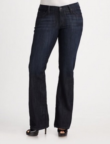 This flattering high-waist bootcut fit features soft distressing for a modern look.THE FITFitted through hips and thighs High-rise Inseam, about 34THE DETAILSZip fly with button closure Five-pocket style 70% cotton/27% polyester/3% Lycra spandex Machine wash Made in the USA of imported fabric