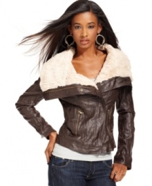With a faux-shearling collar, this faux-leather GUESS bomber jacket is a cute coverup for your casual fall looks! With a faux-shearling collar, this faux-leather GUESS bomber jacket is a cute coverup for your casual fall looks!