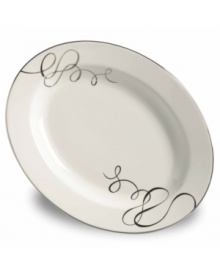 Sweet yet sophisticated, a loopy ribbon design sweeps across this porcelain oval platter from Mikasa. Complete with a sparkling platinum rim, this flirty pattern captivates everyone at your dinner table. Sweet yet sophisticated, a loopy ribbon design sweeps across this porcelain oval platter from Mikasa. Complete with a sparkling platinum rim, this flirty pattern captivates everyone at your dinner table.