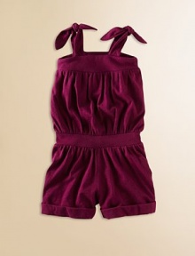 Crafted in plush cotton, this easy, breezy one-piece with shoulder ties is ready for a day of play.SquareneckSleevelessShoulder tiesPull-on styleCuffed hemBottom snapsCottonMachine washImported Crafted in plush cotton, this easy, breezy one-piece with shoulder ties is ready for a day of play.SquareneckSleevelessShoulder tiesPull-on styleCuffed hemBottom snapsCottonMachine washImported