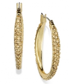 Traditional oval hoops in alluring topaz hues, by Charter Club. Accented with glass stones. Crafted in 14k gold-plated mixed metal. Approximate diameter: 1 inch. Traditional oval hoops in alluring topaz hues, by Charter Club. Accented with glass stones. Crafted in 14k gold-plated mixed metal. Approximate diameter: 1 inch.