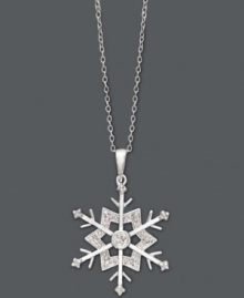 Let it snow, let it snow, let it snow! This intricate cut-out pendant features a beautiful snowflake dusted by round-cut diamonds (1/10 ct. t.w.). Crafted in sterling silver. Approximate length: 18 inches. Approximate drop: 1-2/10 inches. Let it snow, let it snow, let it snow! This intricate cut-out pendant features a beautiful snowflake dusted by round-cut diamonds (1/10 ct. t.w.). Crafted in sterling silver. Approximate length: 18 inches. Approximate drop: 1-2/10 inches.