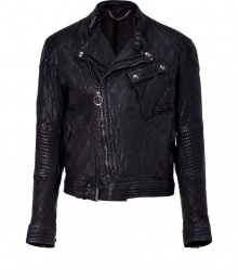 Tough goes luxe with this modern update of the classic moto jacket from British heritage brand Belstaff - Spread collar, asymmetric zip closure, long sleeves with quilted paneling and zip cuffs, patch pocket at chest, zip pockets at waist, belted waist, all-over diamond-shaped quilting - Style with jeans or slim trousers, a long sleeve henley, and motorcycle boots Tough goes luxe with this modern update of the classic moto jacket from British heritage brand Belstaff - Spread collar, asymmetric zip closure, long sleeves with quilted paneling and zip cuffs, patch pocket at chest, zip pockets at waist, belted waist, all-over diamond-shaped quilting - Style with jeans or slim trousers, a long sleeve henley, and motorcycle boots