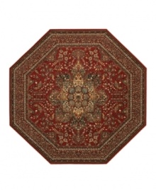 With regal designs that pay homage to the ancient art of rug-making, this piece imparts a classic, yet modern feel with rich colors that reflect the most popular looks of today. Featuring a dramatic center medallion, sweeping out in a burst of branches and blossoms, and accented in deep tones of antique red. Meticulous power-loom construction with Couristan's patented locked-in-weave and crystal-point finish. 25-year limited warranty.