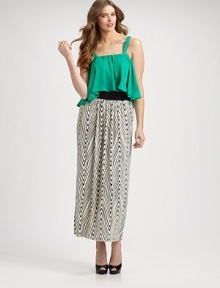 A silky draped woven top joins a zigzag print knit skirt in a dress that's fun, flirty and elegant. Square necklineShirred flat strapsDraped ruffled bodice, longer at sidesWide, elasticized solid waistbandLong print skirt, softly gatheredPullover stylingAbout 38½ from natural waistTop: viscoseSkirt: 94% polyester/6% spandexDry cleanMade in USA