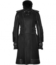 Streamlined in exquisitely soft Toscana shearling, Belstaffs Kettering coat is an ultra luxurious investment piece guaranteed to amp up your outfit - Belted shearling collar with removable wind guard, long sleeves, belted cuffs, leather epaulettes, hidden front zip and push-snap closures, double belted waist detail at sides, allover black leather trim, cozy fur interior - Tailored fit - Wear with jet black leather accessories for an edgy urban finish Streamlined in exquisitely soft Toscana shearling, Belstaffs Kettering coat is an ultra luxurious investment piece guaranteed to amp up your outfit - Belted shearling collar with removable wind guard, long sleeves, belted cuffs, leather epaulettes, hidden front zip and push-snap closures, double belted waist detail at sides, allover black leather trim, cozy fur interior - Tailored fit - Wear with jet black leather accessories for an edgy urban finish