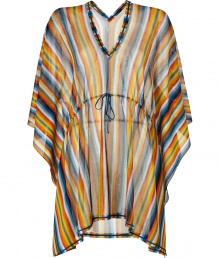 Make a glamorous poolside debut it Missonis radiant rainbow striped kaftan - V-neckline in front and back, draped 3/4 length sleeves, drawstring waistline, petrol stitched trim - Softly fitted with an adjustable drawstring waistline - Pair with a bikini, studded sandals and an oversized statement tote Make a glamorous poolside debut it Missonis radiant rainbow striped kaftan - V-neckline in front and back, draped 3/4 length sleeves, drawstring waistline, petrol stitched trim - Softly fitted with an adjustable drawstring waistline - Pair with a bikini, studded sandals and an oversized statement tote