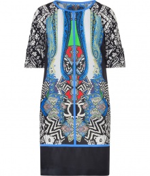 A vivid modern kaleidoscopic print covers this chic shift from Etro - Round neckline, elbow-length sleeves, side slit pockets, blue trim - Straight tailored silhouette - Wear with jet black accessories for evening elegance