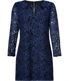 Ladylike in lace, Juicy Coutures dark blue mini-dress is a sexy way to wear one of this seasons favorite trends - Round neckline with teardrop cutouts, sheer lace long sleeves, buttoned slit cuffs, exposed metal back zip - Fitted - Wear with heels and a cool chain-detailed clutch for cocktails Ladylike in lace, Juicy Coutures dark blue mini-dress is a sexy way to wear one of this seasons favorite trends - Round neckline with teardrop cutouts, sheer lace long sleeves, buttoned slit cuffs, exposed metal back zip - Fitted - Wear with heels and a cool chain-detailed clutch for cocktails