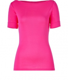 Liven up your workweek style with Ralph Lauren Blacks hot pink cuffed-sleeve tee, a luxe alternative for chic casual looks - Boat-neckline, cuffed elbow-length sleeves - Long lean fit - Wear with everything from favorite skinnies and loafers to circle skirts and heels