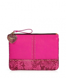 With a fantastic mix of solid and snake embossed leathers, Juicy Coutures versatile zip pouch is glam enough to carry as a mini clutch - Rivet embellishment, signature tonal pave embellished heart charm, top zip with leather pull, striped lining, inside zippered back wall pocket - Stash away in a covetable handbag or carry alone as a clutch With a fantastic mix of solid and snake embossed leathers, Juicy Coutures versatile zip pouch is glam enough to carry as a mini clutch - Rivet embellishment, signature tonal pave embellished heart charm, top zip with leather pull, striped lining, inside zippered back wall pocket - Stash away in a covetable handbag or carry alone as a clutch