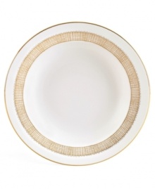 Like fine mesh ribbons, a crisscross of gold bands with platinum accents create this delightfully rustic dinnerware pattern. A beautiful way to bring homespun charm to formal events or exquisite style to every meal. Like fine mesh ribbons, a crisscross of gold bands with platinum accents create this delightfully rustic dinnerware pattern. A beautiful way to bring homespun charm to formal events or exquisite style to every meal.