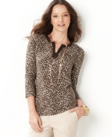 Embrace your wild side in Charter Club's three-quarter sleeve top-- it's a perfect partner with your causal bottoms.