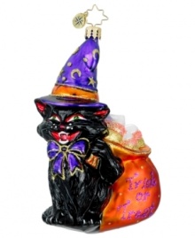 A ferocious black cat works magic on any home, turning cozy to creepy and warm to wicked. Fangs, crescent moons and a bag of too-good-to-be-true treats complete the festive Halloween decoration from Christopher Radko. A ferocious black cat works magic on any home, turning cozy to creepy and warm to wicked. Fangs, crescent moons and a bag of too-good-to-be-true treats complete the festive Halloween decoration from Christopher Radko.