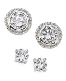 The perfect addition to your accessory collection - snap up sparkly studs to complement any ensemble! Earring set by City by City includes one pair of round-cut cubic zirconias in a prong setting, and one pair of round-cut, bezel-set cubic zirconias (11-1/2 ct. t.w.) with a rope edging. Crafted in silver tone mixed metal. The perfect addition to your accessory collection - snap up sparkly studs to complement any ensemble! Earring set by City by City includes one pair of round-cut cubic zirconias in a prong setting, and one pair of round-cut, bezel-set cubic zirconias (11-1/2 ct. t.w.) with a rope edging. Crafted in silver tone mixed metal.