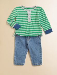 Colorful horizontal stripes enliven a handsome long sleeve tee in soft cotton.CrewneckLong sleeves with ribbed cuffsFront buttonsLonger-in-back tail hemCottonMachine washImported Colorful horizontal stripes enliven a handsome long sleeve tee in soft cotton.CrewneckLong sleeves with ribbed cuffsFront buttonsLonger-in-back tail hemCottonMachine washImported