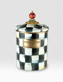 A beautifully crafted enamelware canister is individually handpainted and certain to find a home in any room. Fill it with flour in the kitchen, cotton balls in the bathroom or birdseed on the patio. The options are only limited by your imagination. Coordinating lid with wood handle Bronzed stainless steel rim Backed in durable steel 48-ounce capacity 6H X 5 diam. Hand wash Imported A beautifully crafted enamelware canister is individually handpainted and certain to find a home in any room. Fill it with flour in the kitchen, cotton balls in the bathroom or birdseed on the patio. The options are only limited by your imagination. Coordinating lid with wood handle Bronzed stainless steel rim Backed in durable steel 48-ounce capacity 6H X 5 diam. Hand wash Imported