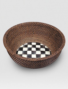 An inviting mix of handwoven, natural rattan and glazed enamelware, handpainted with high-contrast checks and subtle jeweltones. Enamelware backed in lightweight, lasting steel Bronzed stainless steel rim 5¾H X 12 diam. Imported An inviting mix of handwoven, natural rattan and glazed enamelware, handpainted with high-contrast checks and subtle jeweltones. Enamelware backed in lightweight, lasting steel Bronzed stainless steel rim 5¾H X 12 diam. Imported