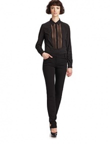 THE LOOKButton closure at collarButton-down placketSheer silk tuxedo-style pintucked frontLong sleeves with button cuffsCurved hemTHE FITAbout 26 from shoulder to hemTHE MATERIAL68% cotton/27% nylon/5% spandexSilk contrastCARE & ORIGINDry cleanImported