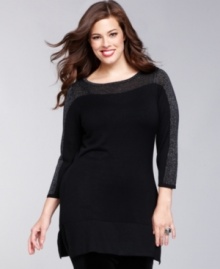 You've never seen a tunic quite like this before: INC's plus size sweater features sparkling metallic knit insets in front and in back -- and on the sleeves, too! You've never seen a tunic quite like this before: INC's plus size sweater features sparkling metallic knit insets in front and in back -- and on the sleeves, too!